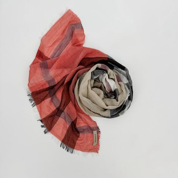 Burberry Scarf Authentic Red Brown Gauze Lightweight Plaid Nova‎ Check Oversized - Picture 4 of 13